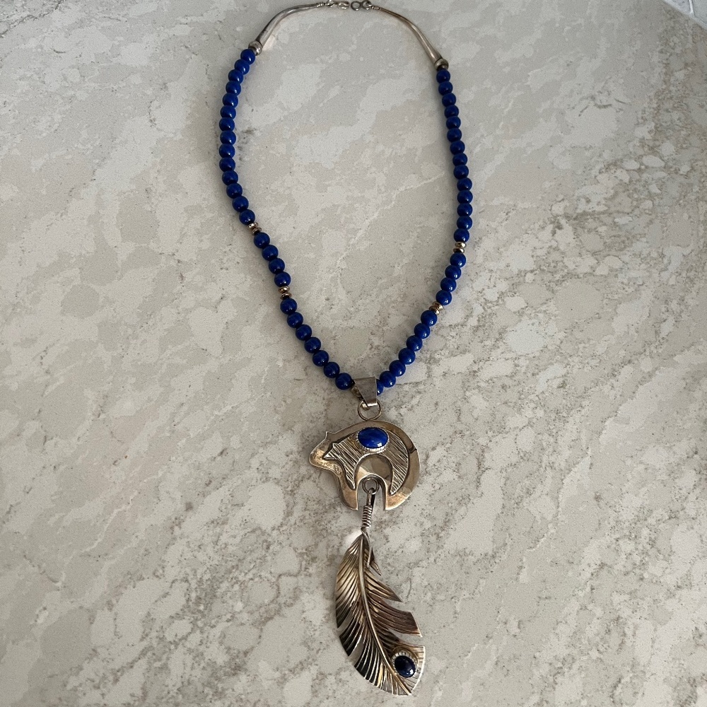 Vintage Native American Lapis and SS Beaded Necklace With Bear & Feather Pendant